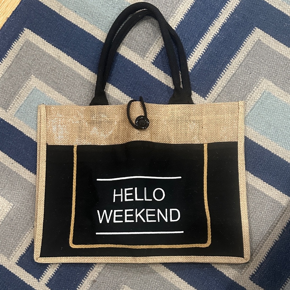 Black and Tan Tote Bag with 'Hello Weekend' Print